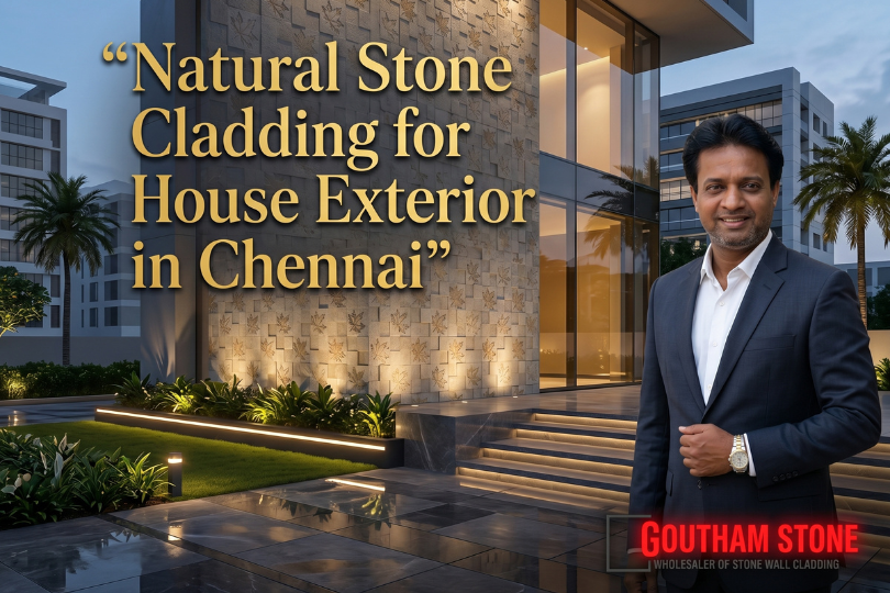 Natural stone cladding for house exterior in Chennai — sandstone elevation wall